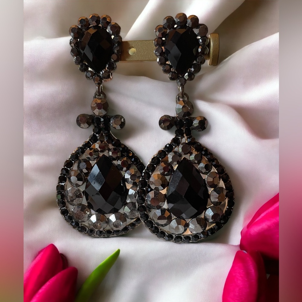 Black Jeweled Clip Earrings